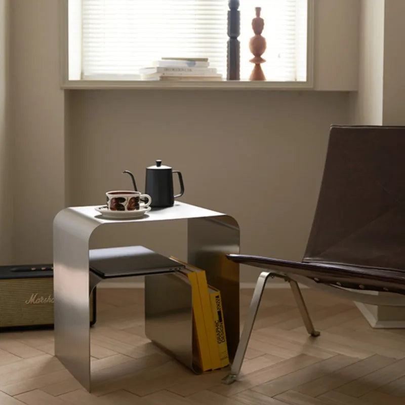 MOMO One-Piece Stainless Steel Bedside Table | Bauhaus U-Form with Open Shelf