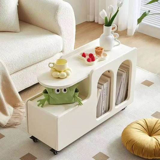 MOMO Rolling Storage Side Table | Arch Shelf & Swivel Top | Cream - alternate view 4
