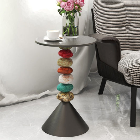 MOMO Stacked Stone Side Table | Round Iron Top with Natural Pebble Column & Cone Base - alternate view 3