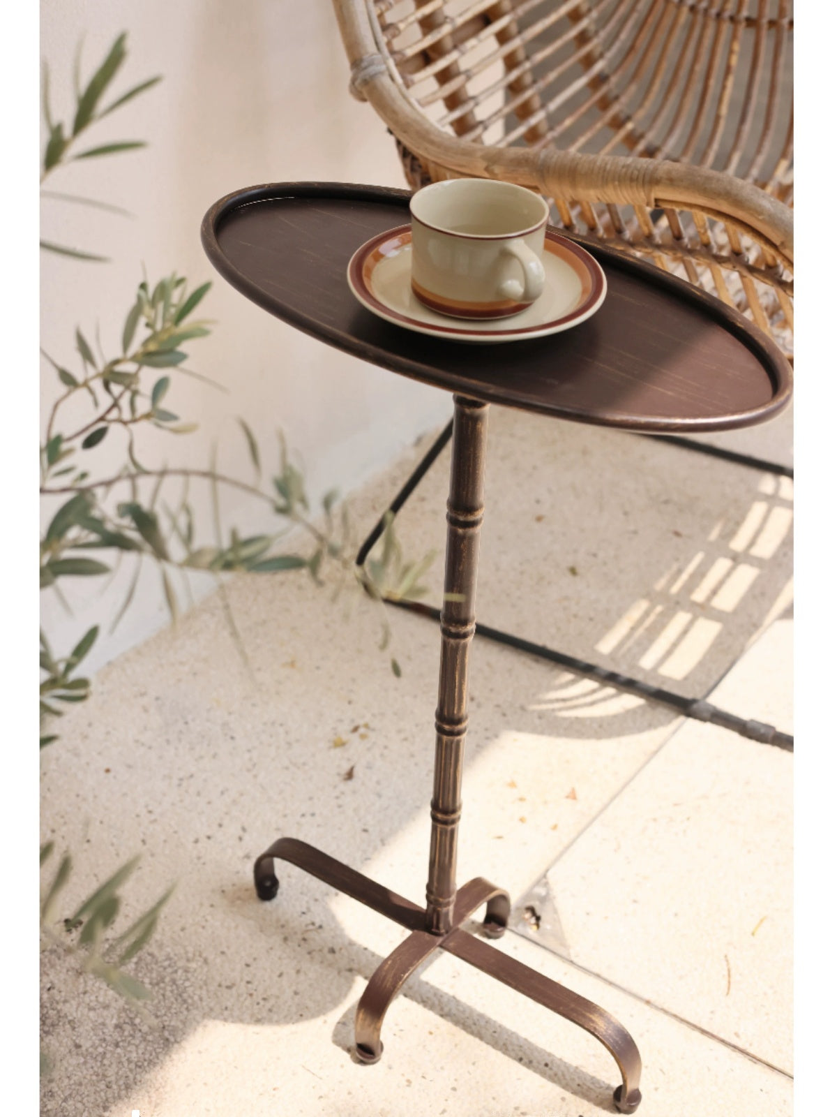 MOMO Antique Oval Side Table | Bamboo-Knot Iron Pedestal with Tripod Arch Base - alternate view 4