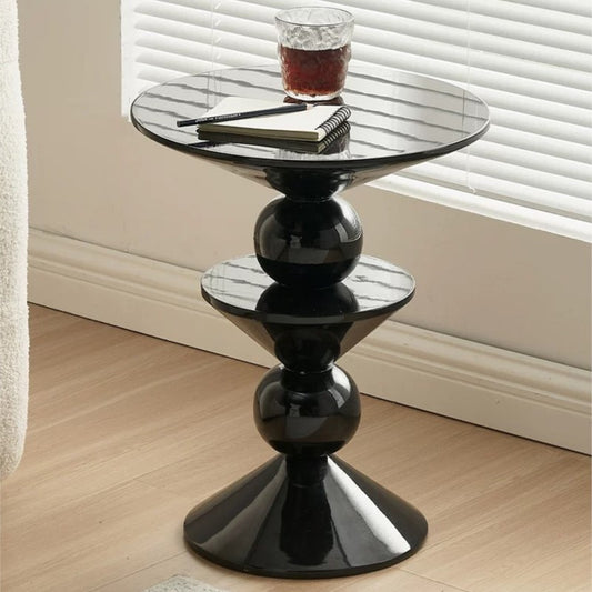 MOMO Sculptural Ball-Stack Side Table | Glossy Black Marble-Top Round End Table with Dual Tiers