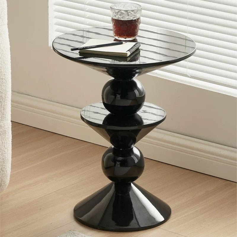 MOMO Sculptural Ball-Stack Side Table | Glossy Black Marble-Top Round End Table with Dual Tiers