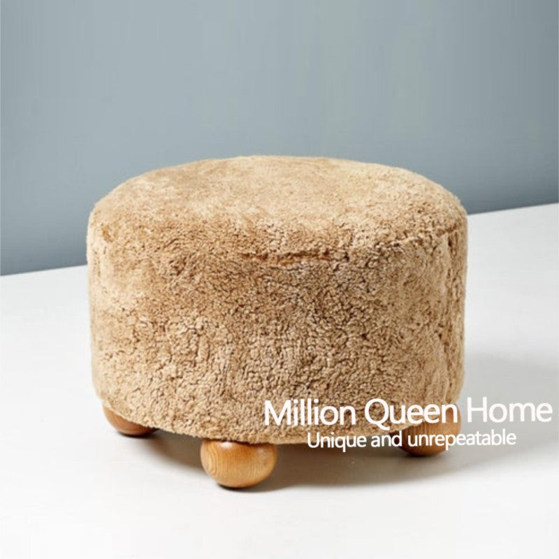 MOMO French Boucle Round Ottoman | Teddy Fabric Upholstered Footstool with Walnut Ball Feet - alternate view 7