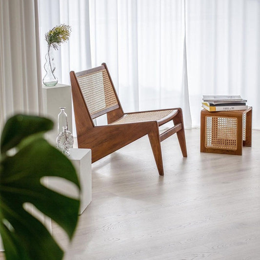 Boho Living Room Corner Setup, Solid Wood Rattan Side Table Paired With Designer Lounge Chair & Green Plant Decor