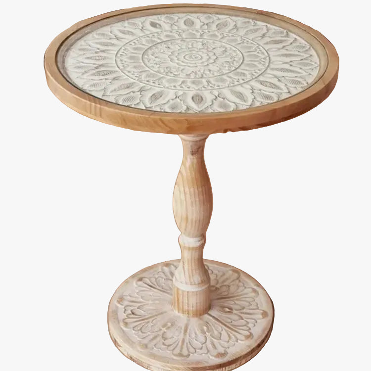 MOMO French Retro Carved Round Side Table | Hand-Carved Solid Wood with Glass Top