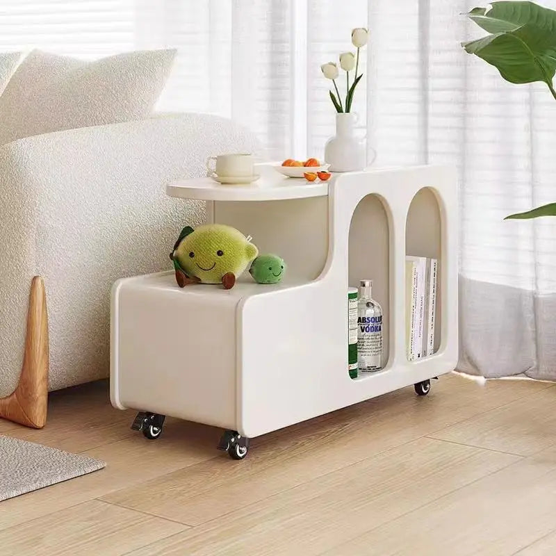 MOMO Rolling Storage Side Table | Arch Shelf & Swivel Top | Cream