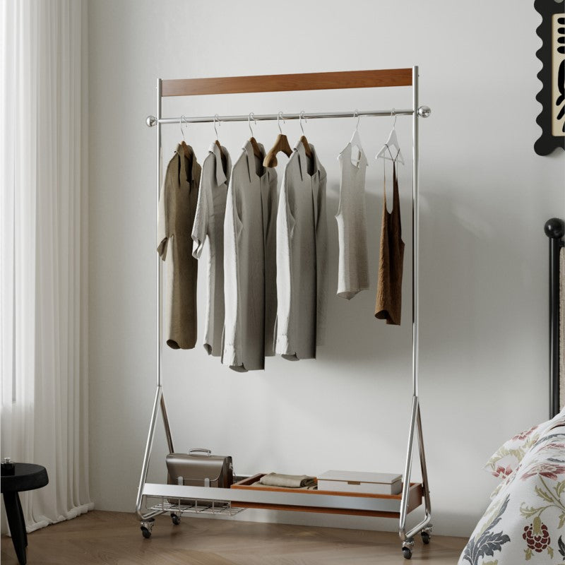 MOMO Wood & Stainless Steel Coat Rack | Rolling Floor Hanger with Storage Shelf - alternate view 3