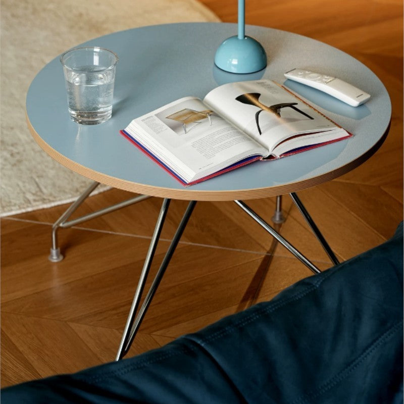 MOMO Bauhaus Round Coffee Table | Colorblock Plywood Top with Chrome Spider-Leg Base