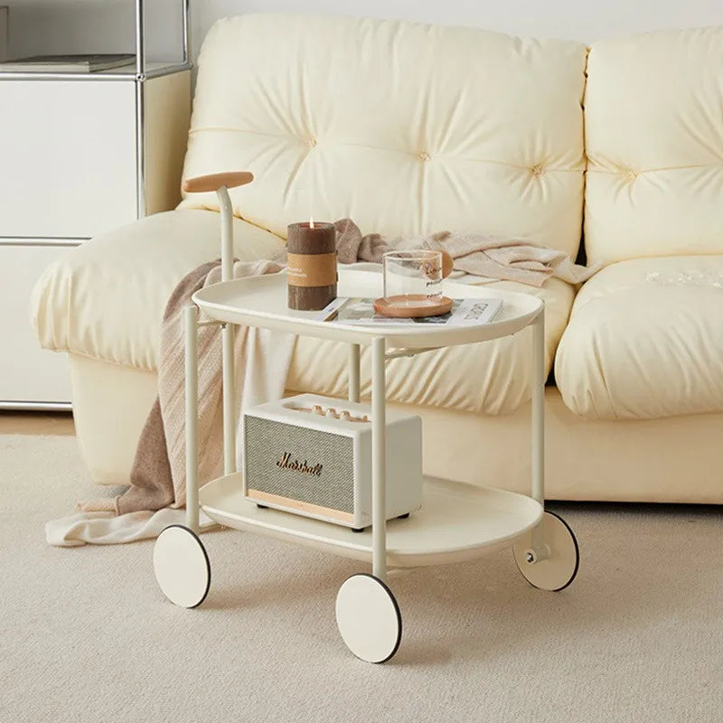 MOMO Two-Tier Rolling Cart Table | Oval Tray with Wheels & Push Handle