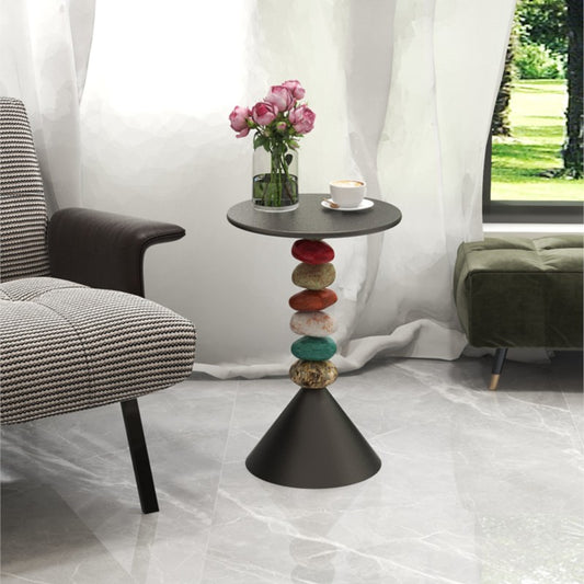MOMO Stacked Stone Side Table | Round Iron Top with Natural Pebble Column & Cone Base