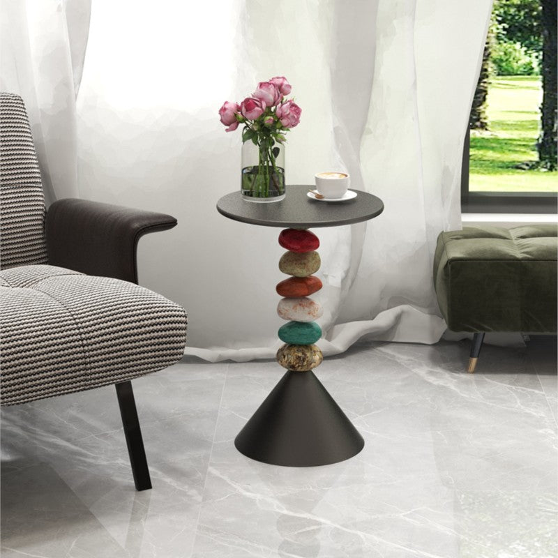 MOMO Stacked Stone Side Table | Round Iron Top with Natural Pebble Column & Cone Base