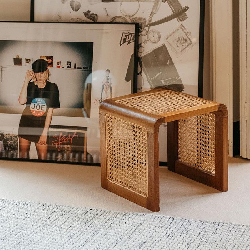 Warm Neutral‑Tone Living Room Interior, Minimalist Solid Wood Rattan End Table As Sofa Side Accent Furniture