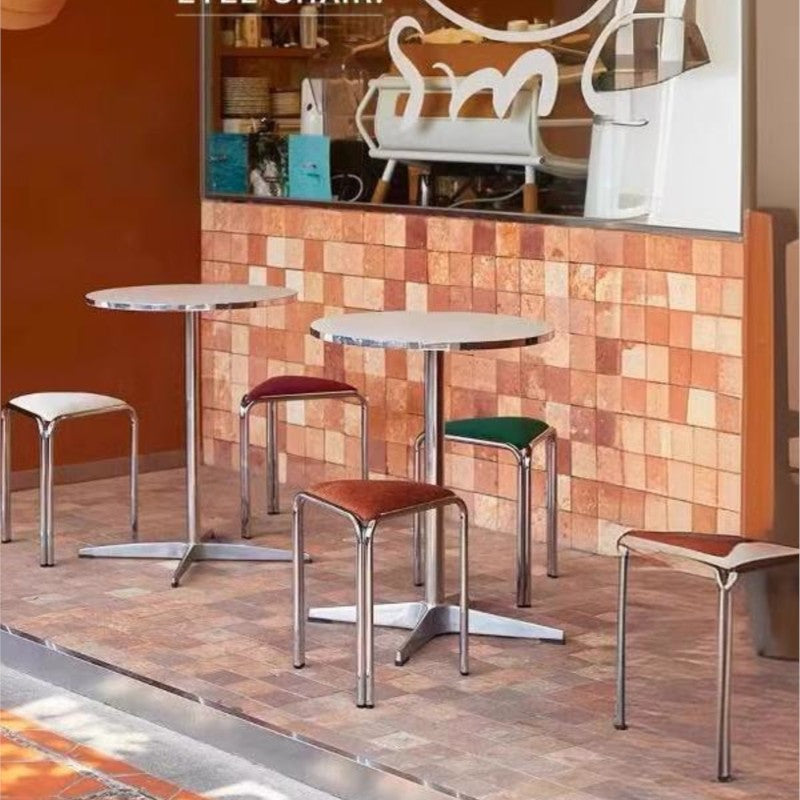 MOMO Antique Dining Stool | Triangular Upholstered Seat | Chrome Steel Stackable Stool - alternate view 6
