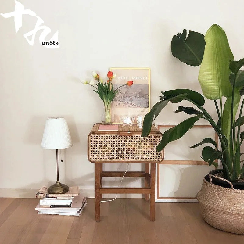 MOMO Rattan Solid Wood Bedside Table | Handwoven Korea INS Style - alternate view 4