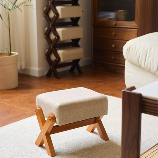 MOMO X-Frame Upholstered Low Stool | Thai Rubber Wood with Linen Cushion Seat - alternate view 6