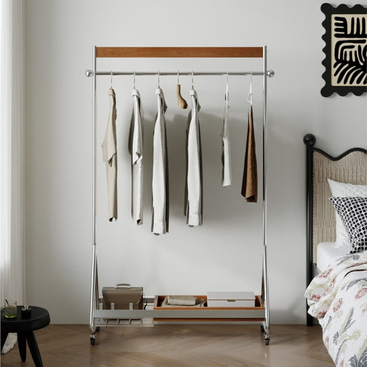 MOMO Wood & Stainless Steel Coat Rack | Rolling Floor Hanger with Storage Shelf - alternate view 5