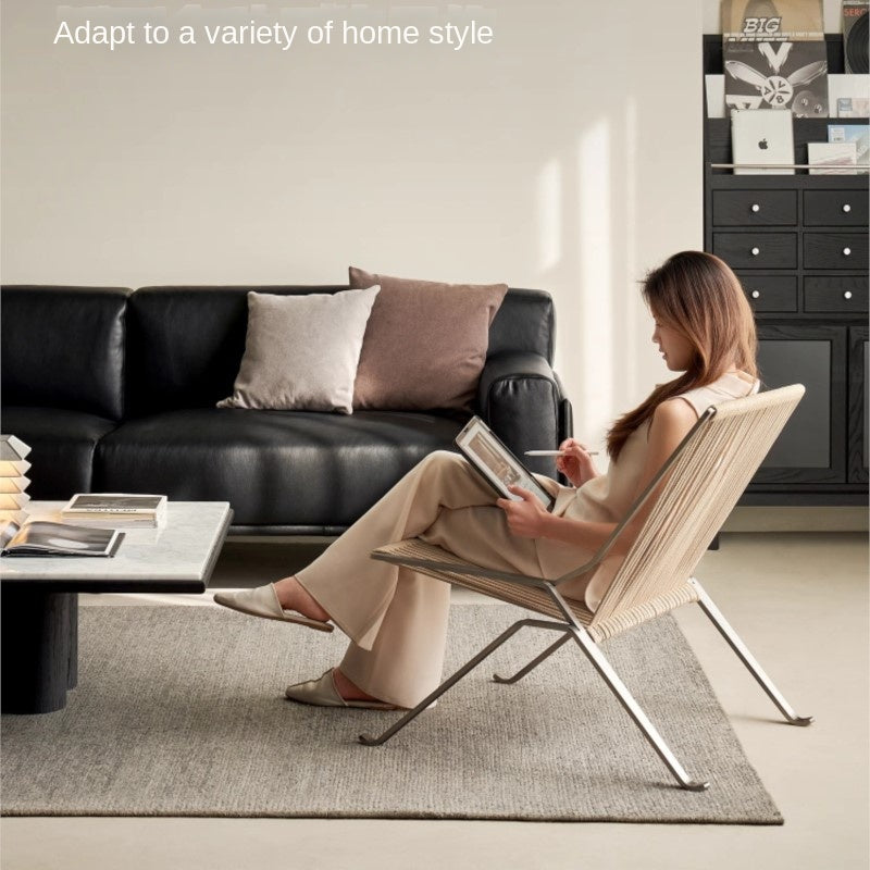 Minimalist Designer Lounge Chair, Hand‑Woven Olefin Rope Surface, Polished Stainless Steel Frame, Home Accent Furniture