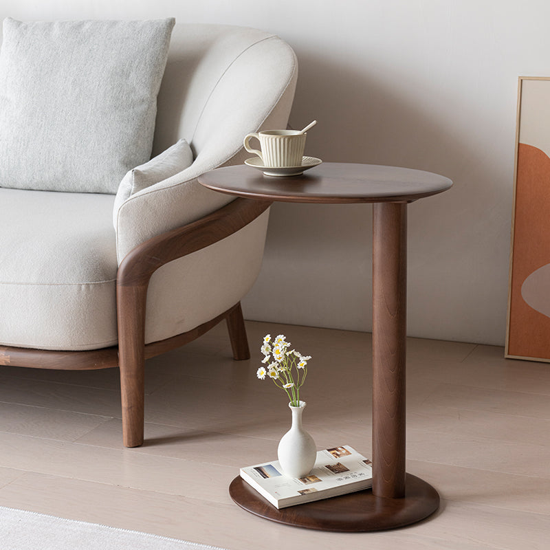 MOMO Solid Wood Side Table | Oval Pedestal Accent Table | Walnut Sofa & Bedside Stand
