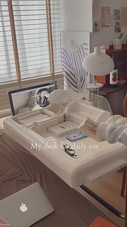 White retro-futurist vanity desk with built-in mirror tray, storage channel and pen slots