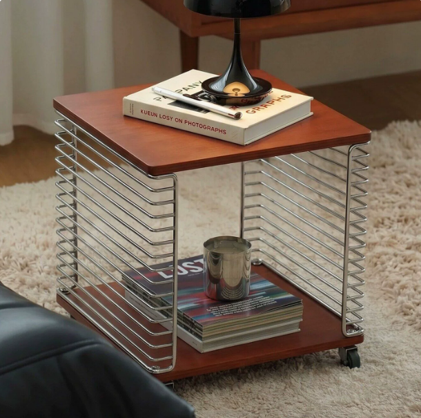 MOMO Vintage Side Table | Mid-Century Steel Wire & Birch Wood | With or Without Casters
