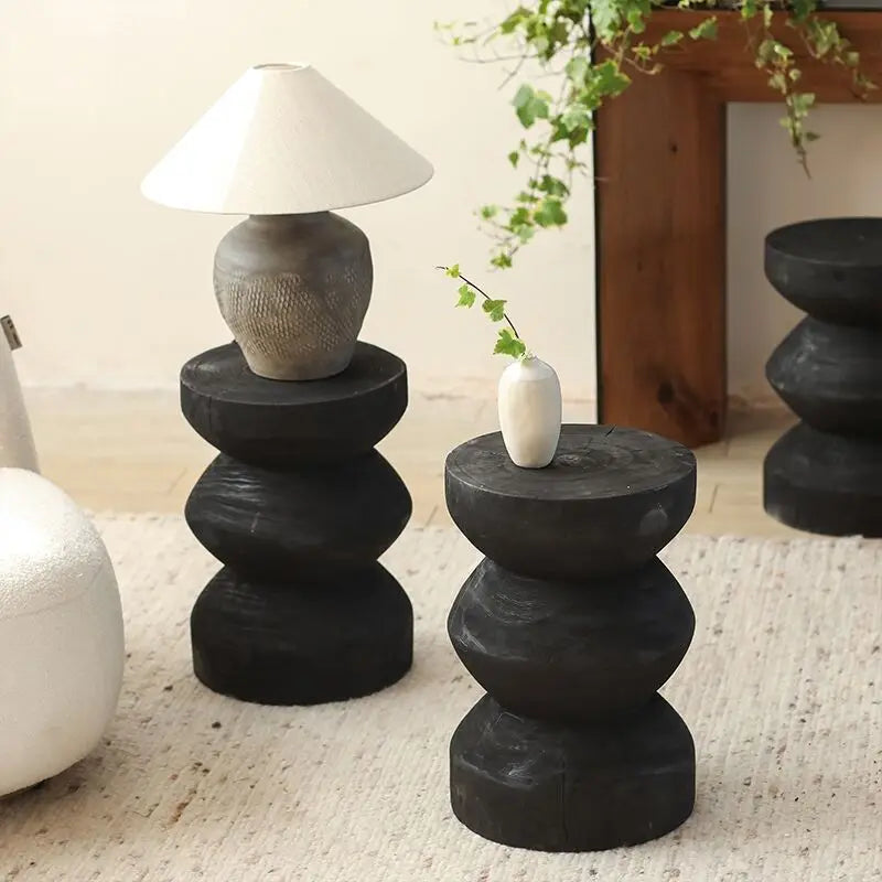 MOMO Wabi-Sabi Solid Wood Stool | Sculptural Wave Side Table & Low Seat